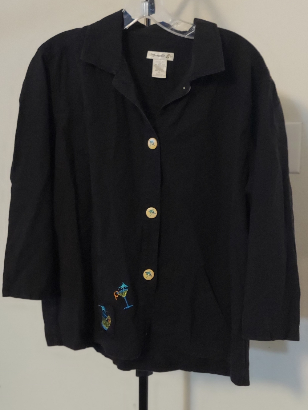 Women's Black Embroidered Button-Front Shirt Jacket